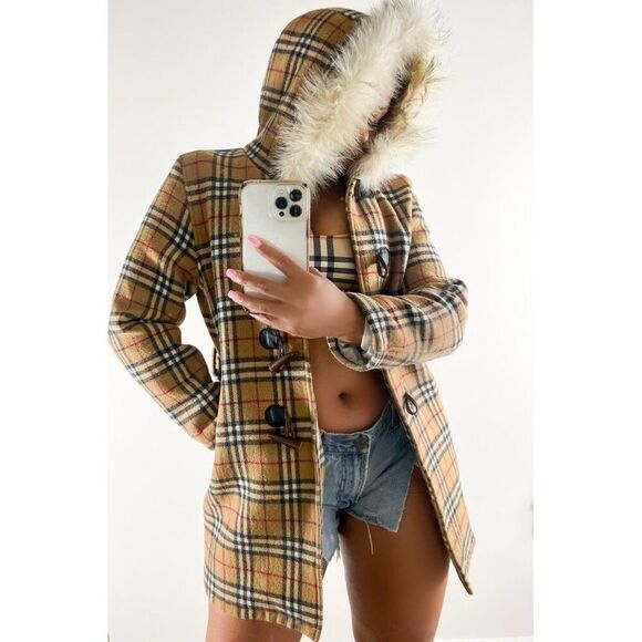 Authentic Vintage BURBERRY Beige Nova Check Wool Hooded Peacoat Size L - Picture 15 of 16